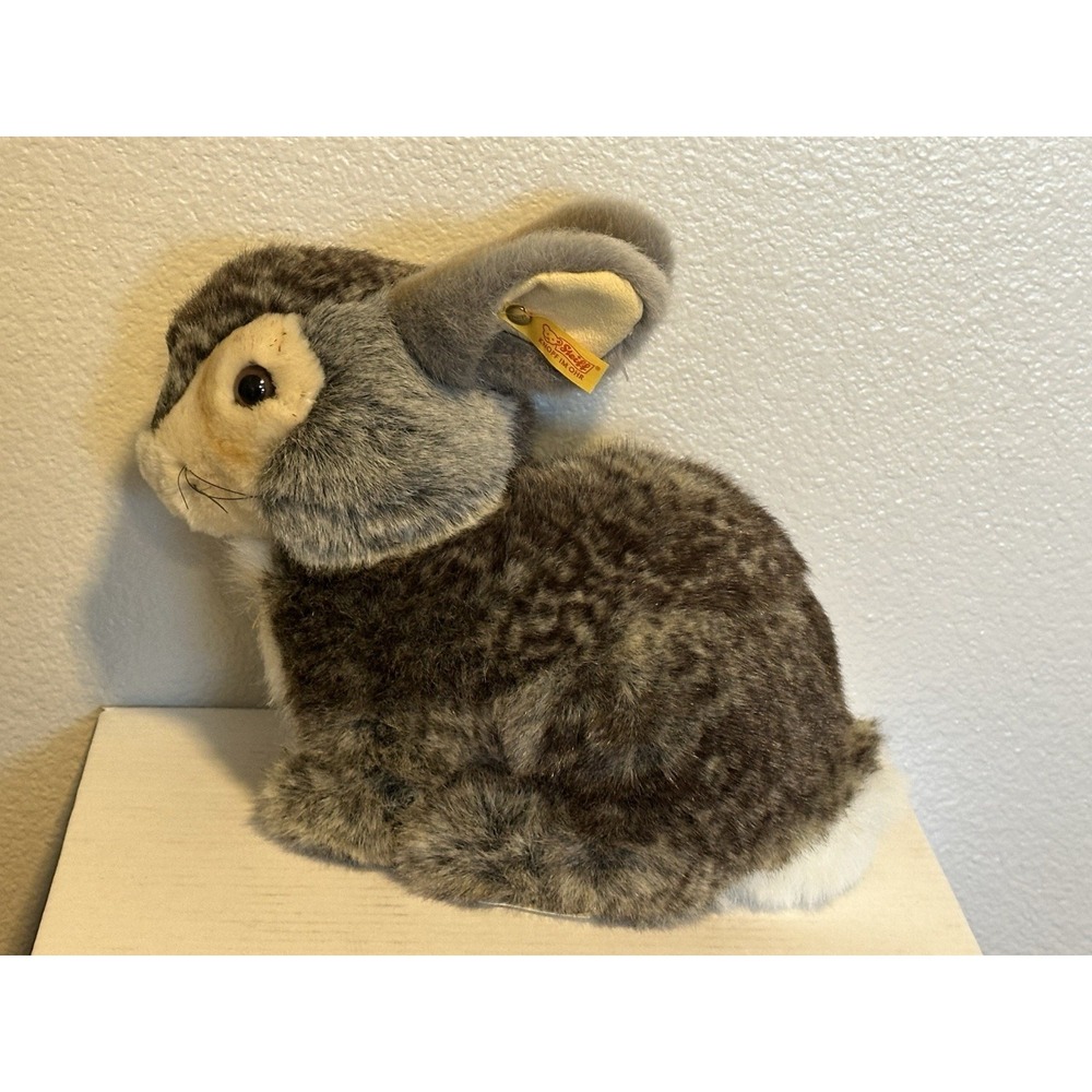 10"Gray Steiff Dossy Bunny Rabbit Plush With Tags And Button Seated # 086724